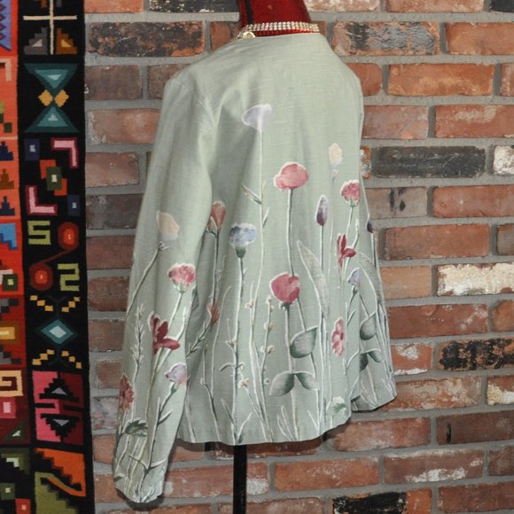 Coldwater Creek Sage Green Botanical Floral Print Button Up Jacket Coat L - Picture 4 of 8